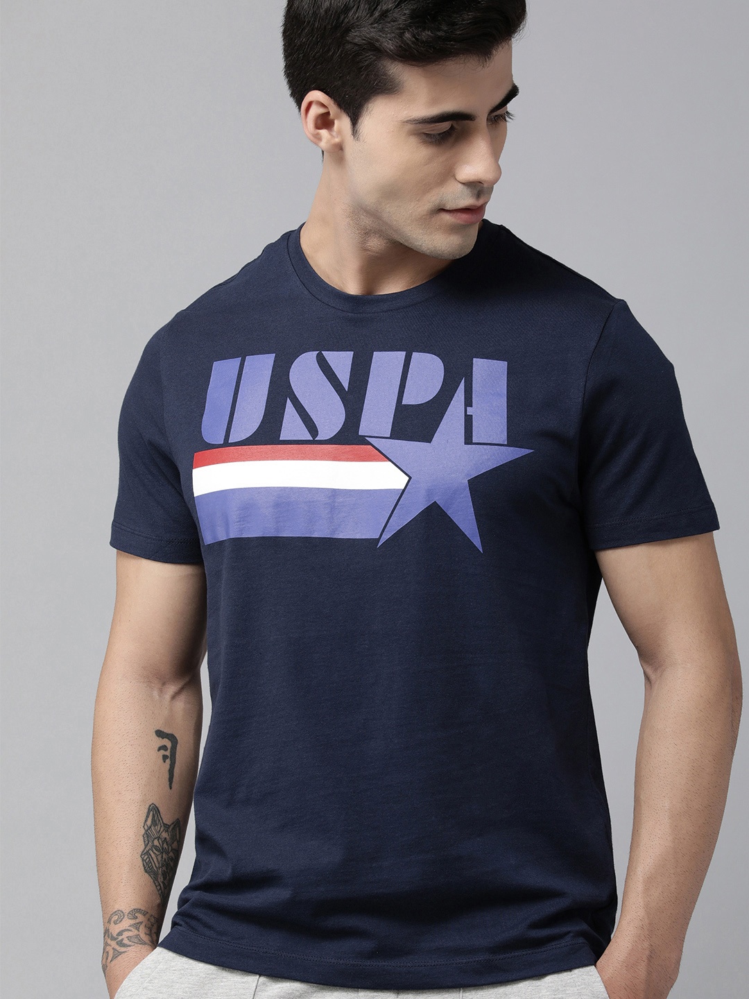 

U S Polo Assn Denim Co Men Navy Blue Brand Logo Printed T-shirt