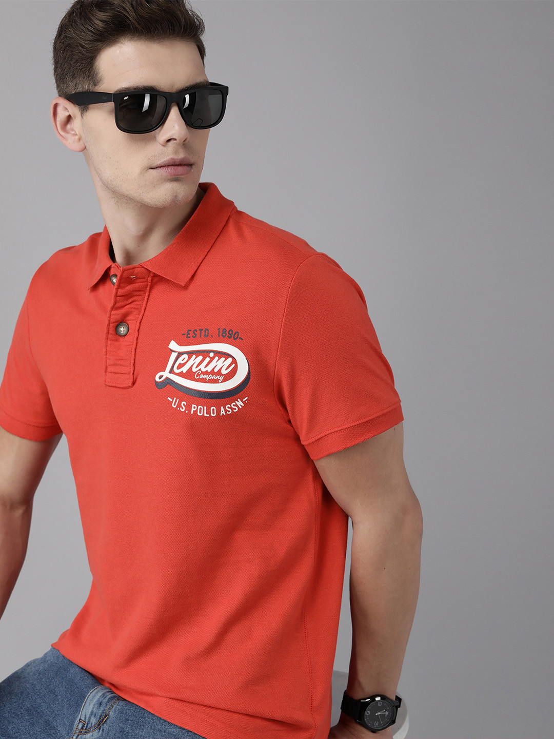 

U S Polo Assn Denim Co Men Coral Red Solid Polo Collar T-shirt