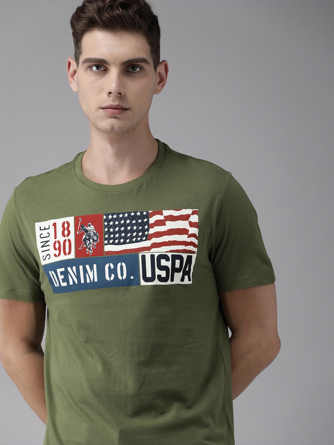 

U S Polo Assn Denim Co Men Olive Green Typography Printed T-shirt