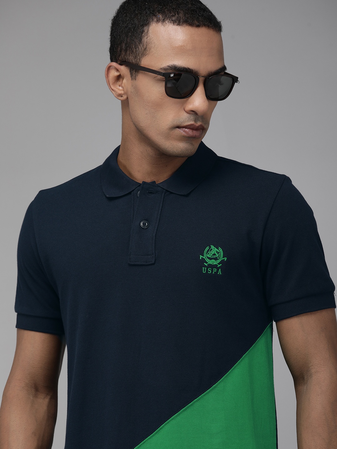 

U.S. Polo Assn. Men Navy Blue & Green Colourblocked Pure Cotton Polo Collar T-shirt