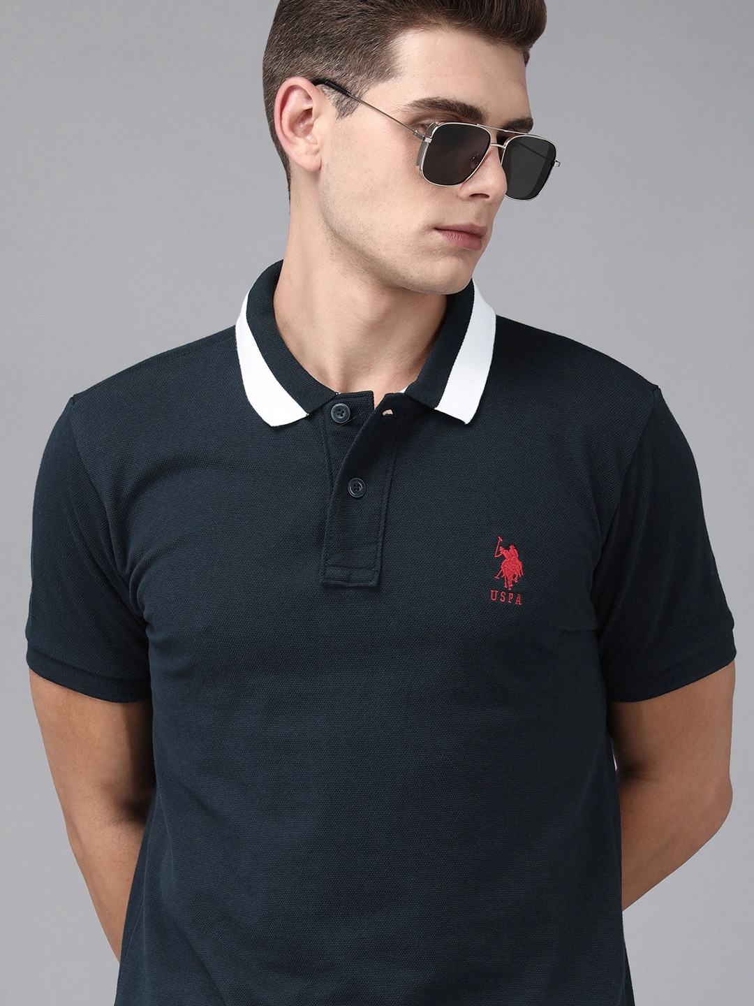 

U S Polo Assn Men Navy Blue Solid Polo Collar Slim Fit T-shirt