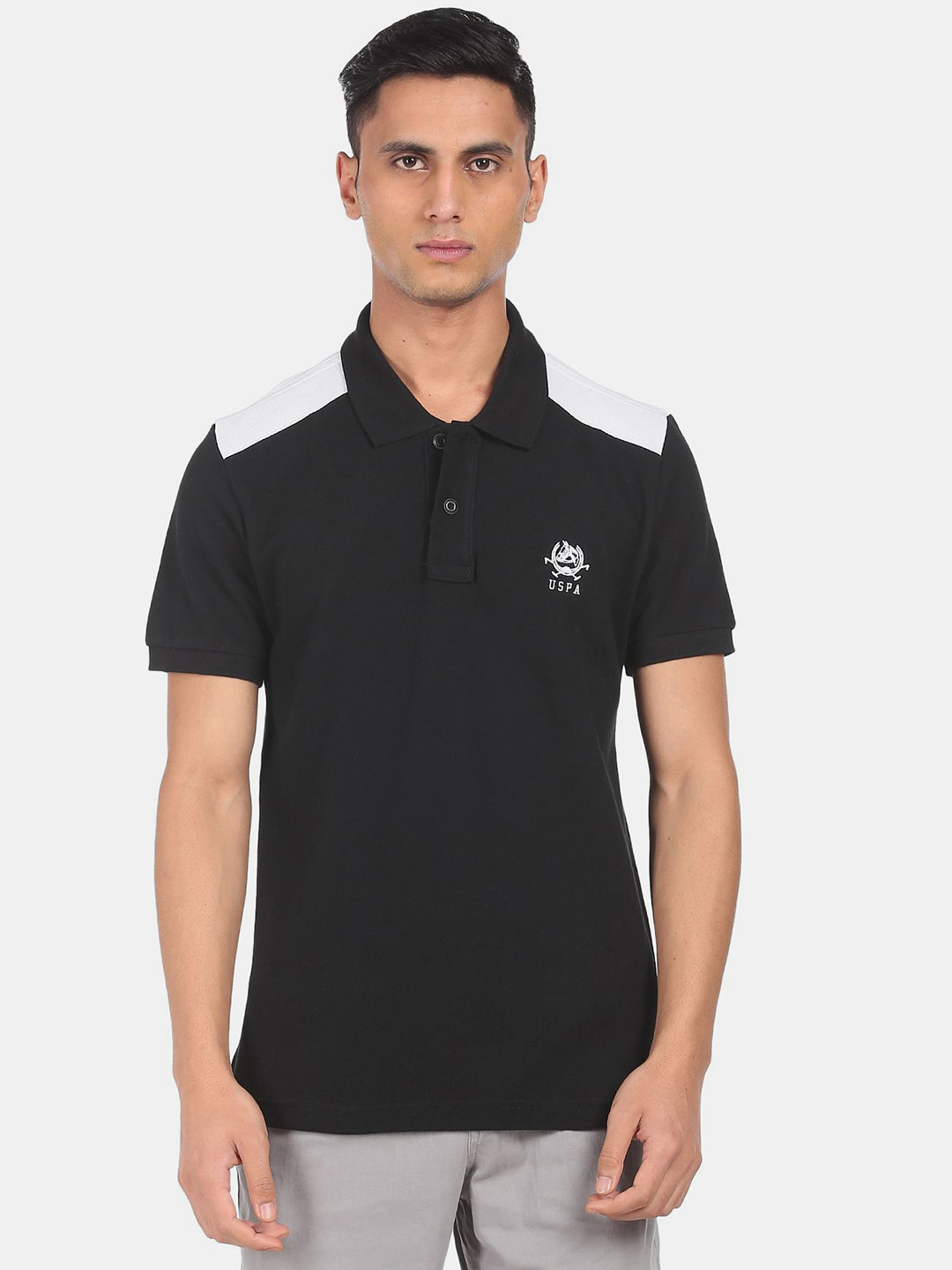 

U S Polo Assn Men Black Brand Logo Printed Polo Collar Pure Cotton Slim Fit T-shirt
