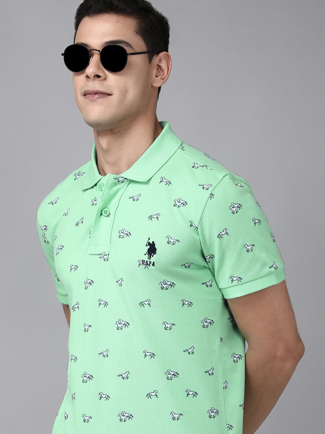 

U S Polo Assn Men Light Green Printed Polo Collar Pure Cotton Slim Fit T-shirt