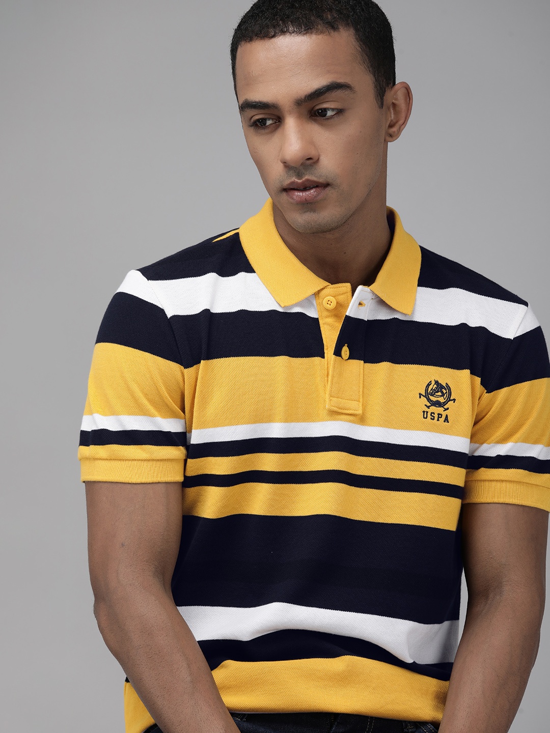 

U.S. Polo Assn. Men Yellow & Navy Blue Striped Pure Cotton Polo Collar T-shirt