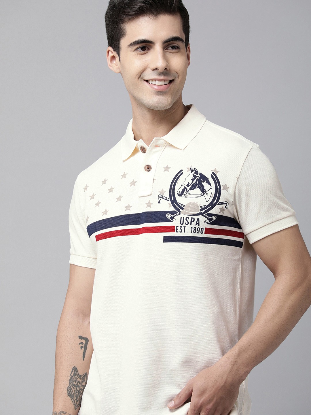 

U.S. Polo Assn. Denim Co. Men White & Navy Blue Printed Pure Cotton Polo Collar T-shirt