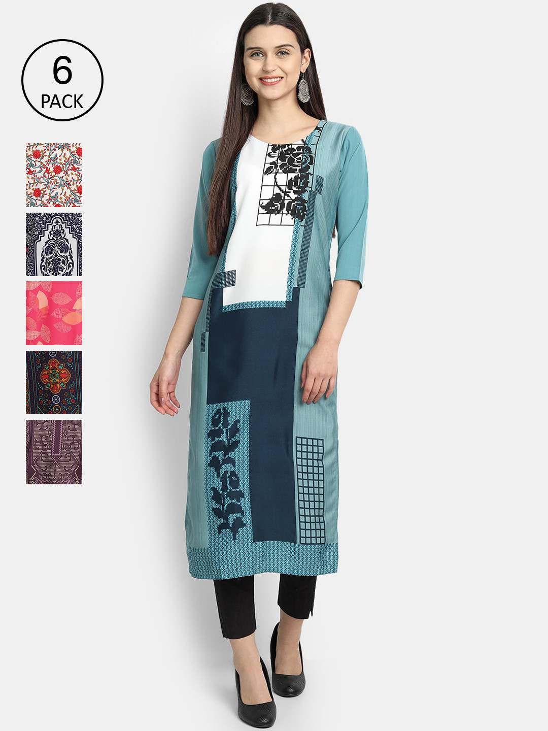 

7Threads Women Pack of 6 Printed Straight Kurta, Multi