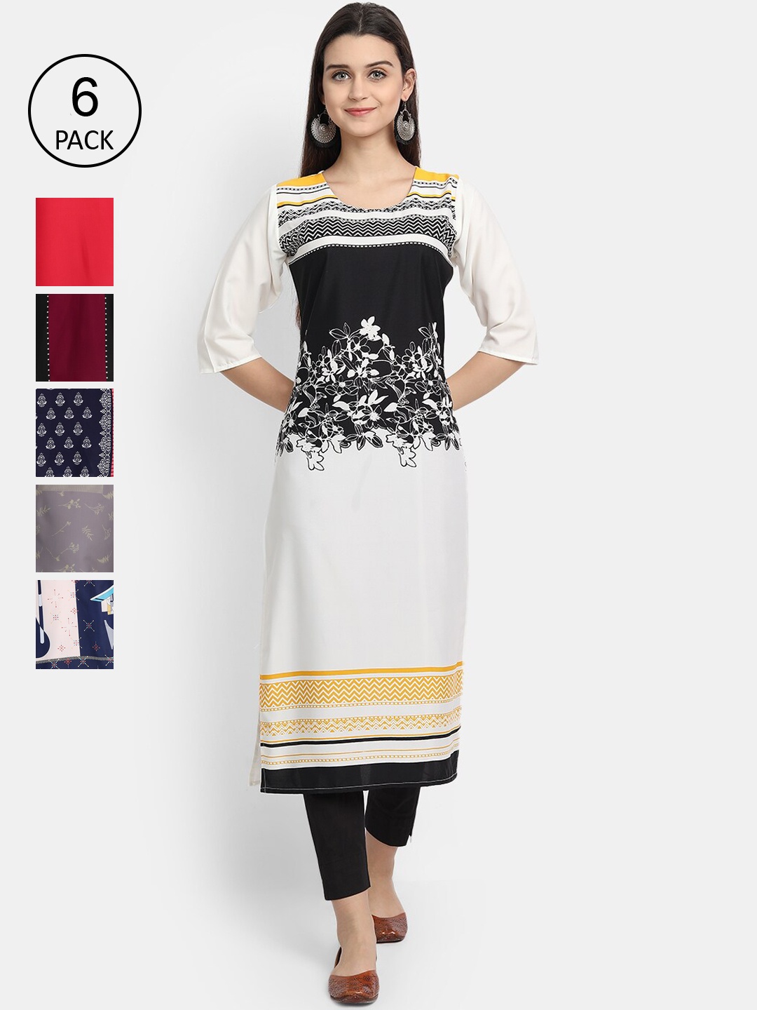 

7Threads Women Pack of 6 Printed Crepe Kurta, Multi