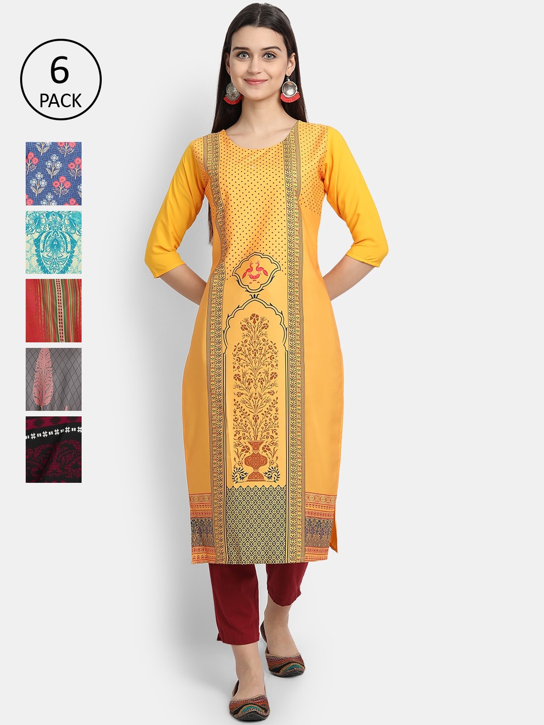 

7Threads Women Pack of 6 Ethnic Motifs Printed Crepe Kurta, Blue