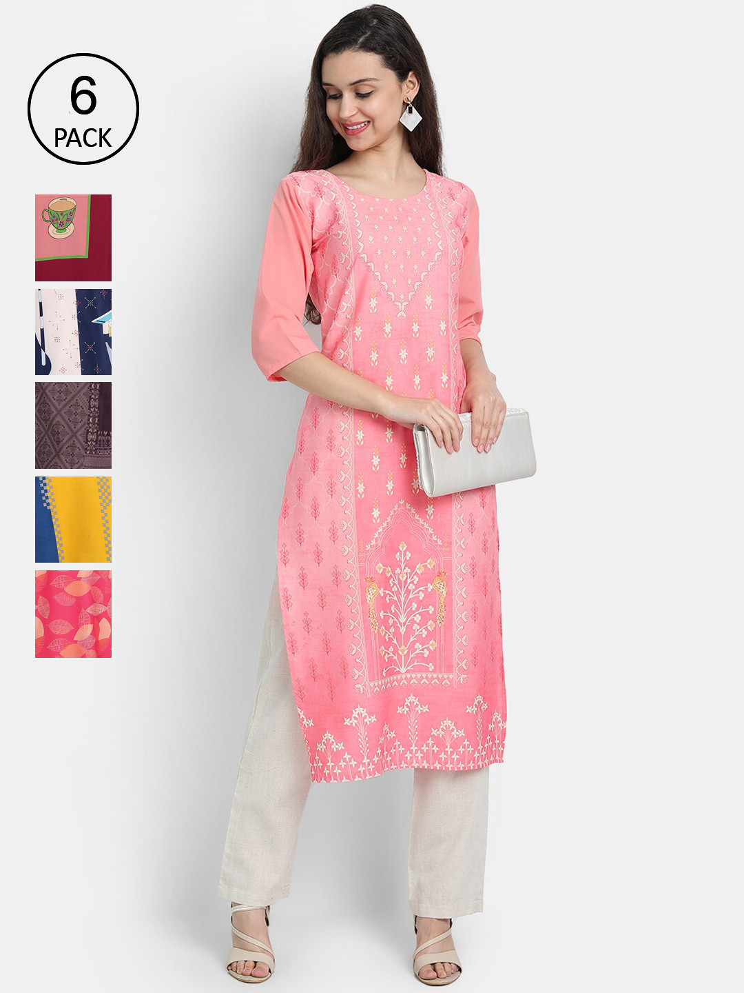 

7Threads Women Pack of 6 Printed Crepe Kurta, Multi