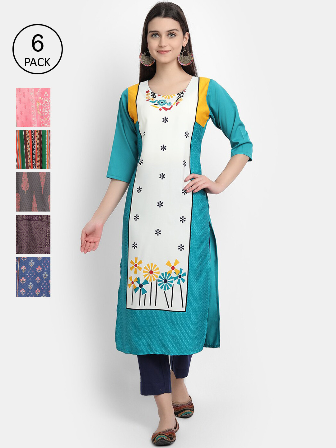 

7Threads Women Pack of 6 Printed Crepe Kurta, Multi