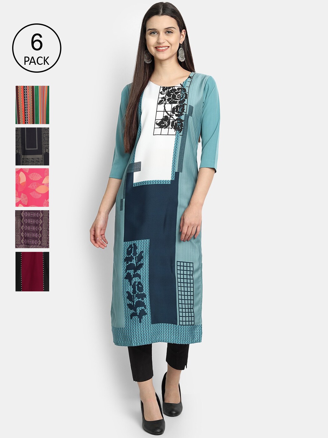 

7Threads Women Pack Of 6 Printed Crepe Kurtas, Green