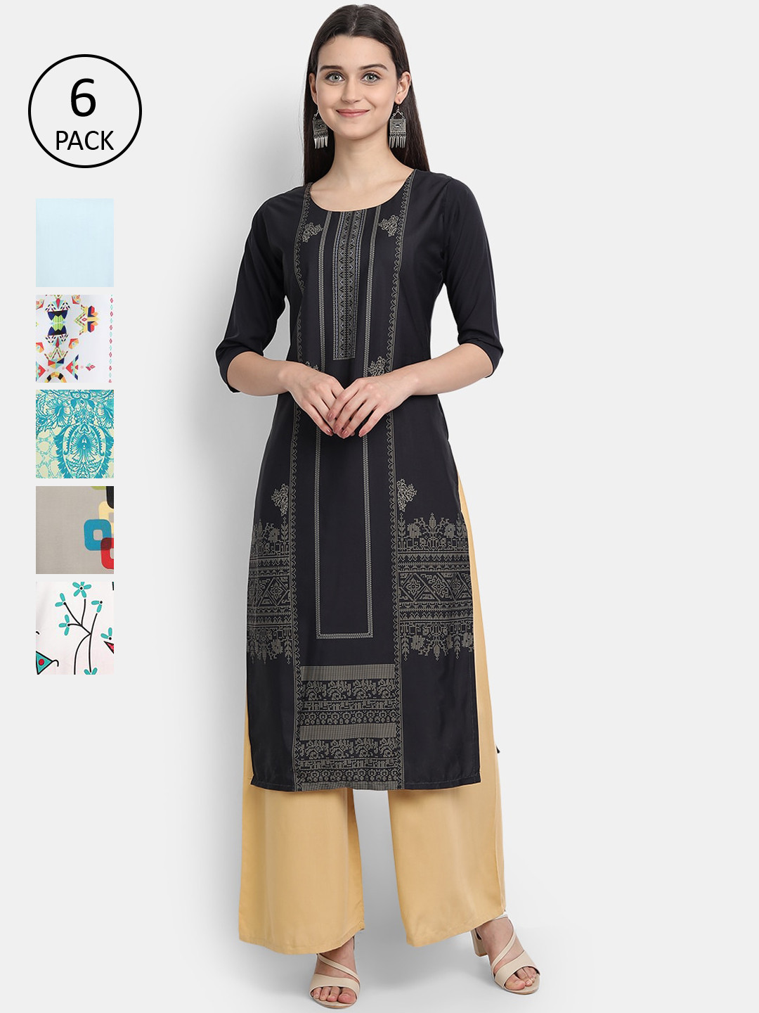 

7Threads Woman Pack of 6 Multicoloured Geometric Striped Crepe Kurta, Multi