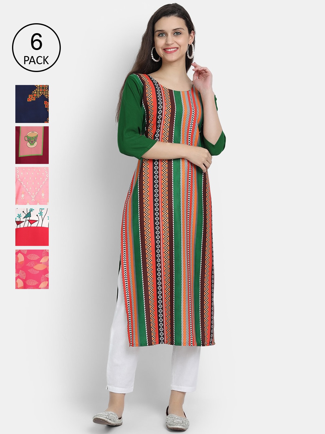 

7Threads Women Pack of 6 Printed Crepe Kurta, Multi