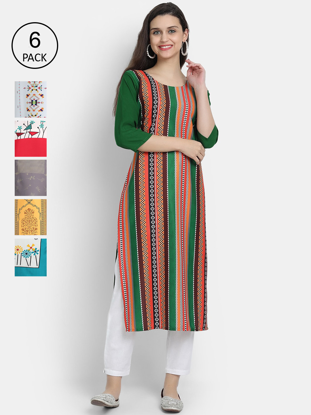 

7Threads Women Pack Of 6 Striped Crepe Kurta, White