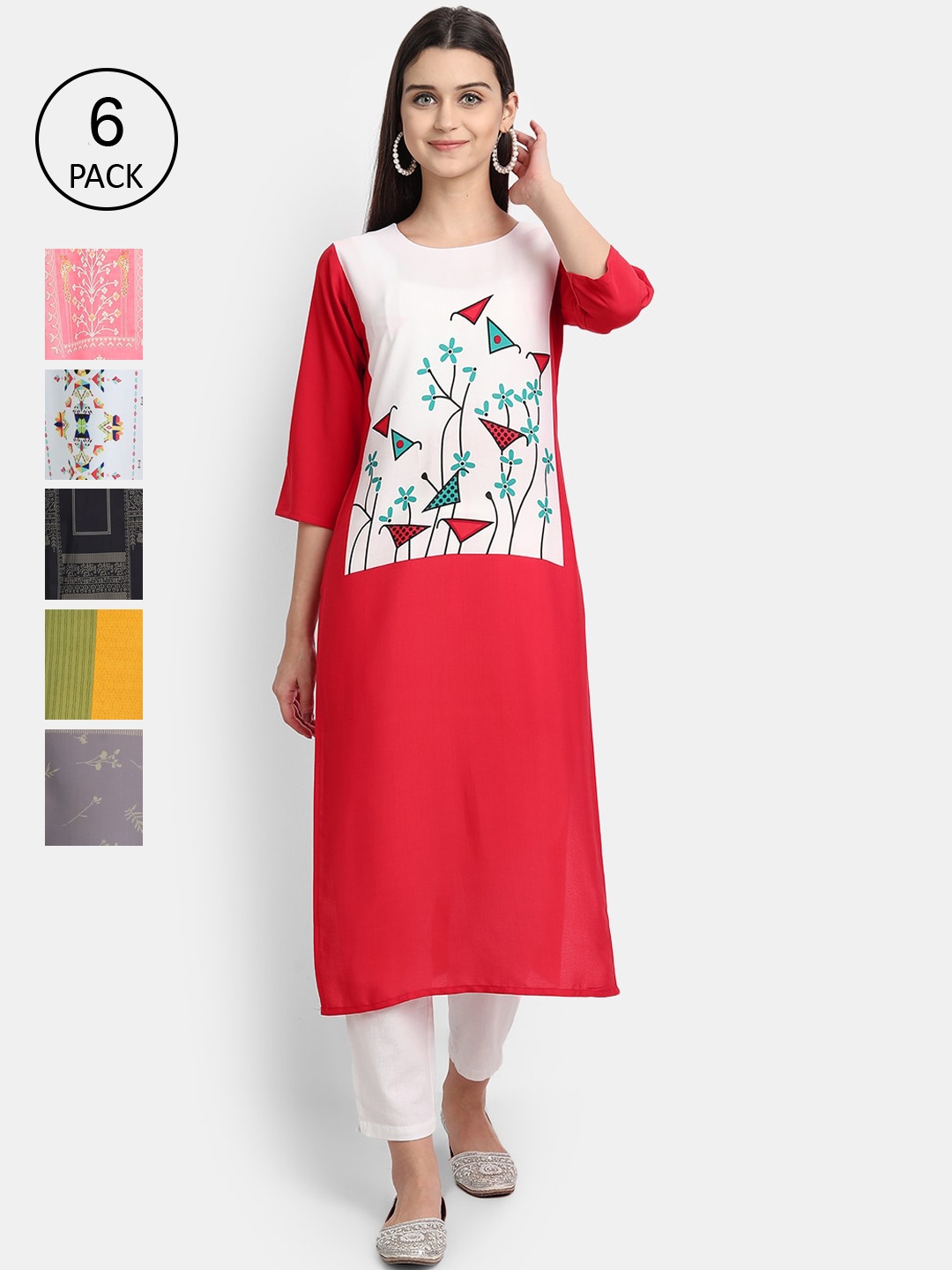 

7Threads Woman Pack of 6 Multicoloured Floral Printed Crepe Kurta, Multi