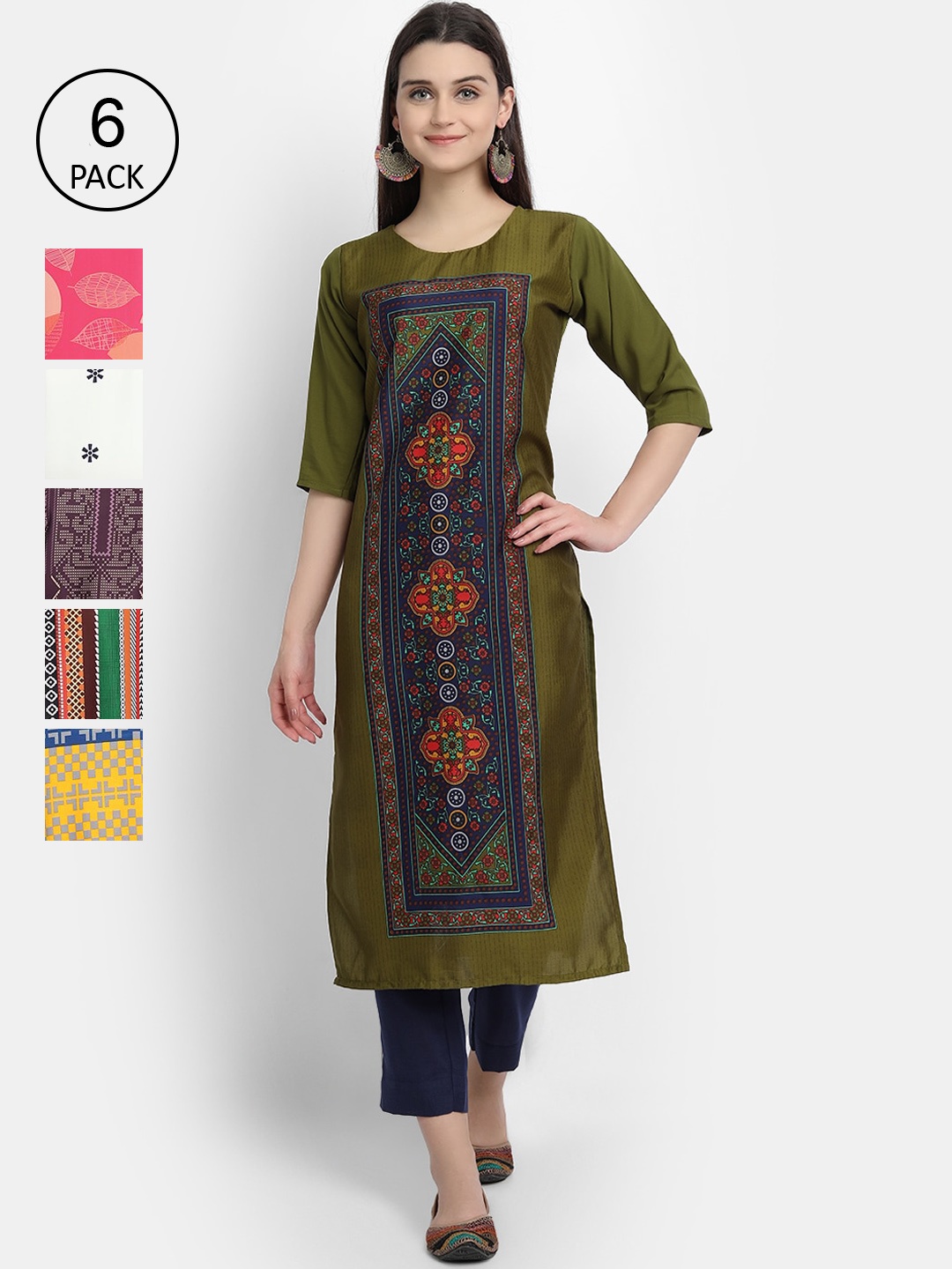 

7Threads Women Pack Of 6 Printed Crepe Kurtas, Olive