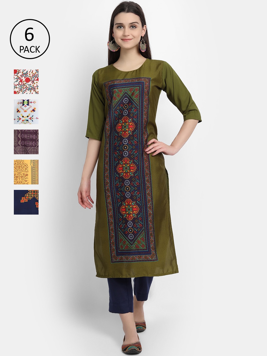 

7Threads Women Pack Of 6 Printed Crepe Kurtas, Green