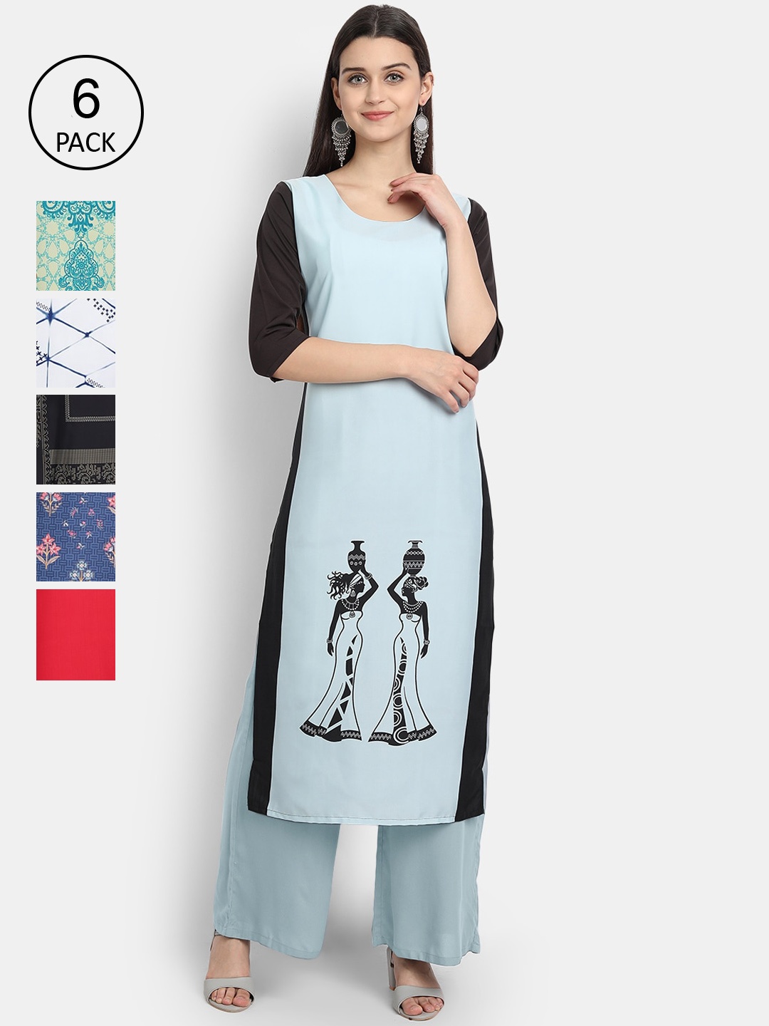 

7Threads Woman Pack of 6 Multicoloured Printed Crepe Kurta, Multi