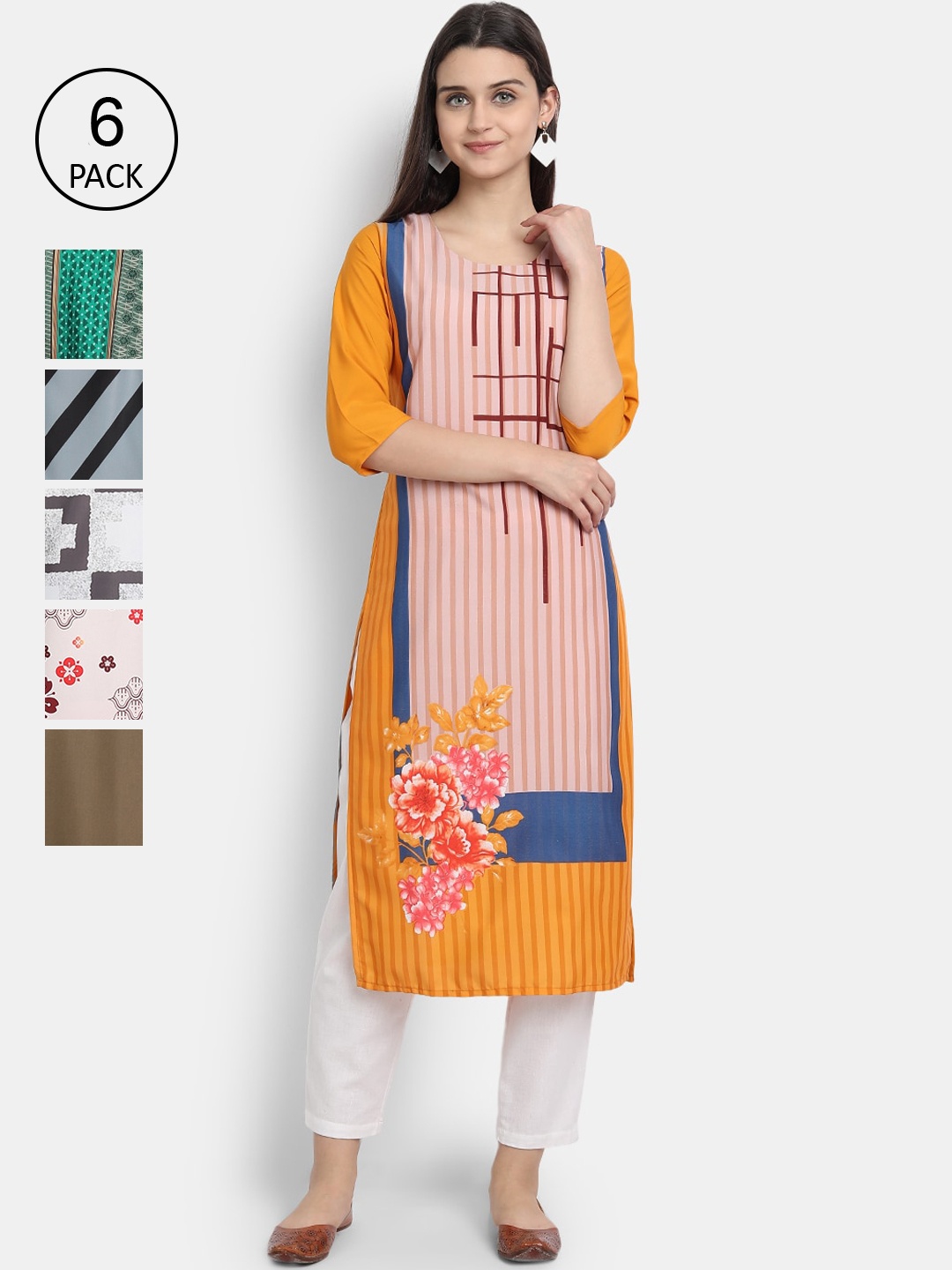 

7Threads Women Pack Of 6 Printed Straight Kurta, Multi