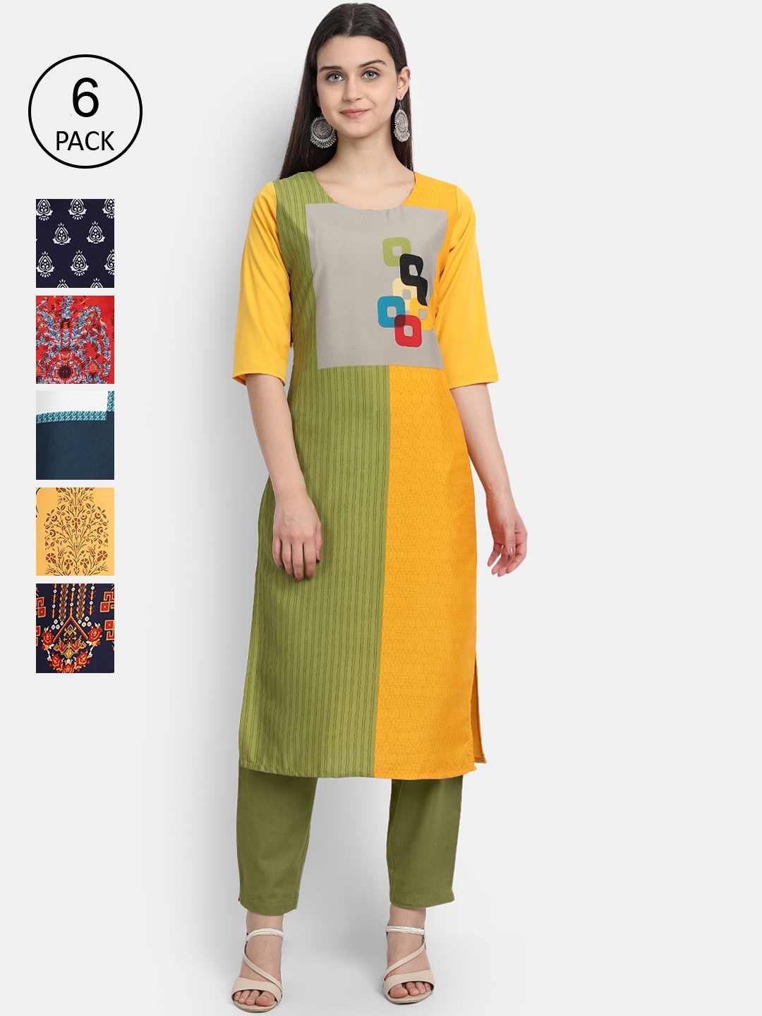 

7Threads Women Pack of 6 Printed Crepe Kurta, Multi