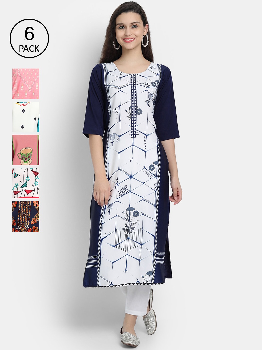 

7Threads Women Pack Of 6 Printed Crepe Kurtas, White