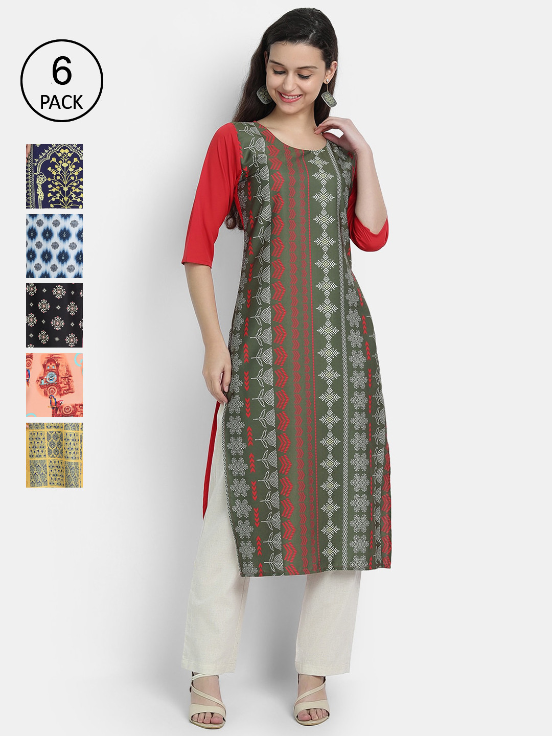 

7Threads Women Pack Of 6 Multicoloured Floral Printed Crepe Kurta, Multi