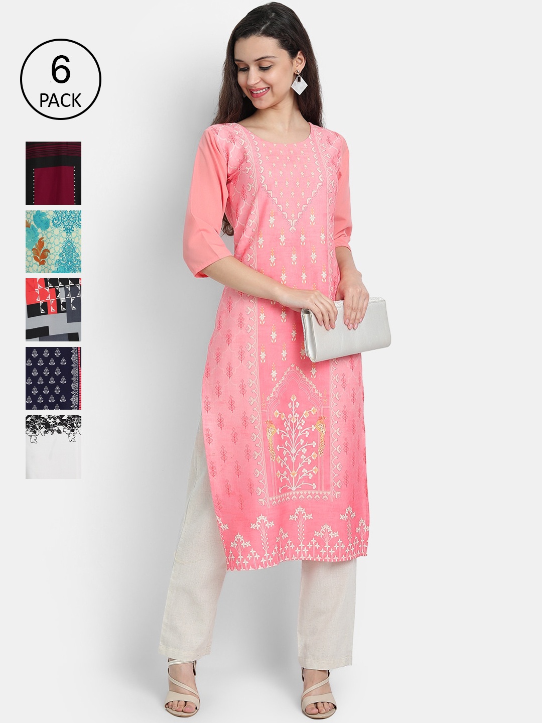 

7Threads Women Pack of 6 Multicoloured Printed Straight Crepe Kurtas, Multi