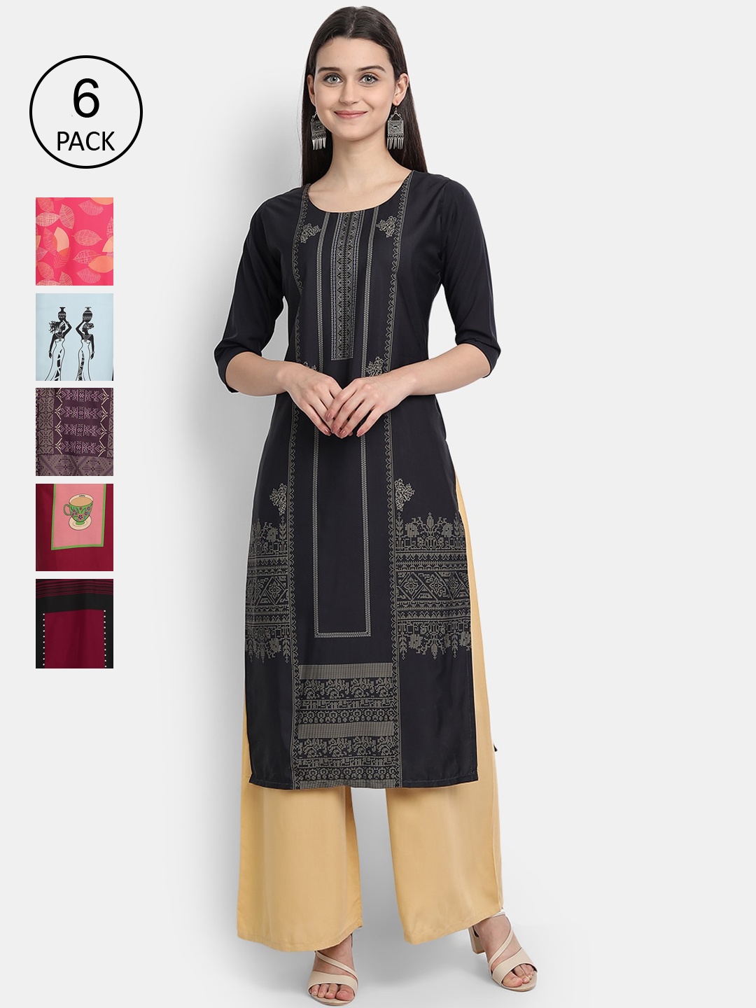 

7Threads Woman Pack of 6 Multicoloured Geometric Striped Crepe Kurta, Multi