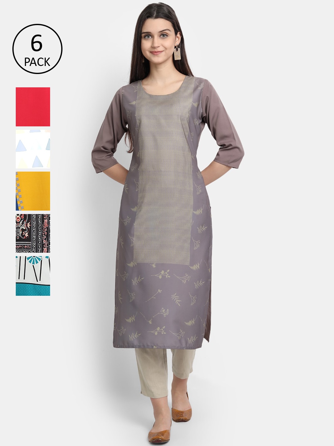 

7Threads Women Pack of 6 Printed Crepe Kurta, Multi