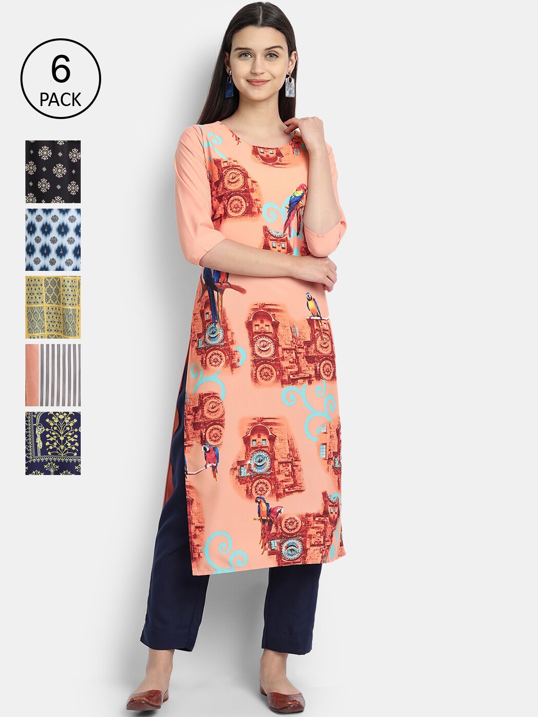 

7Threads Women Pack Of 6 Multicoloured Geometric Printed Crepe Kurta, Multi