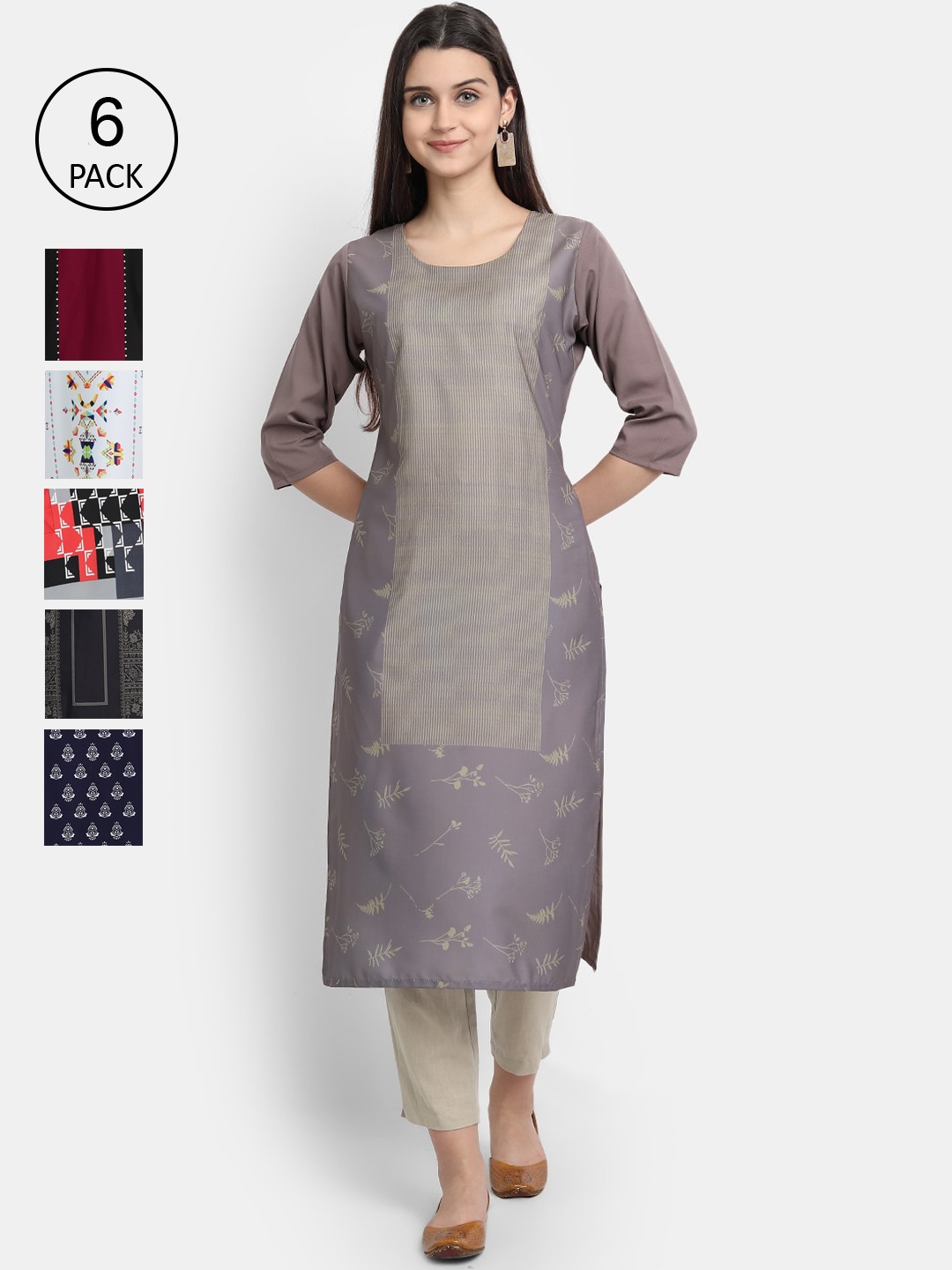 

7Threads Women Pack Of 6 Multicoloured Colourblocked Thread Work Crepe Kurta, Multi
