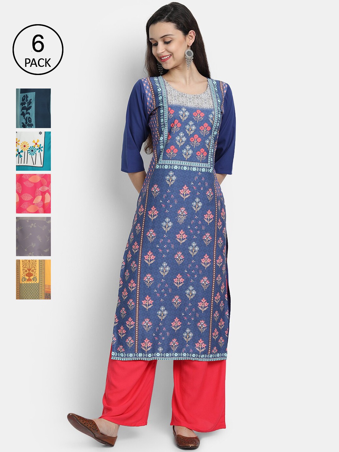 

7Threads Women Pack Of 6 Printed Crepe Kurta, Blue