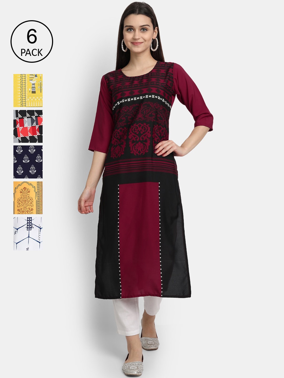 

7Threads Women Pack of 6 Ethnic Motifs Printed Crepe Kurta, Yellow