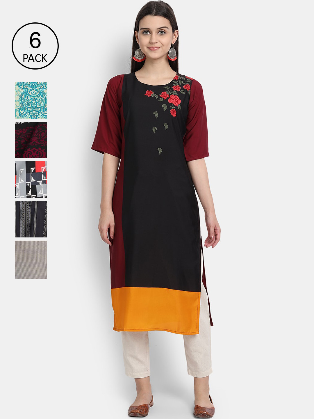 

7Threads Women Pack of 6 Printed Crepe Kurta, Blue