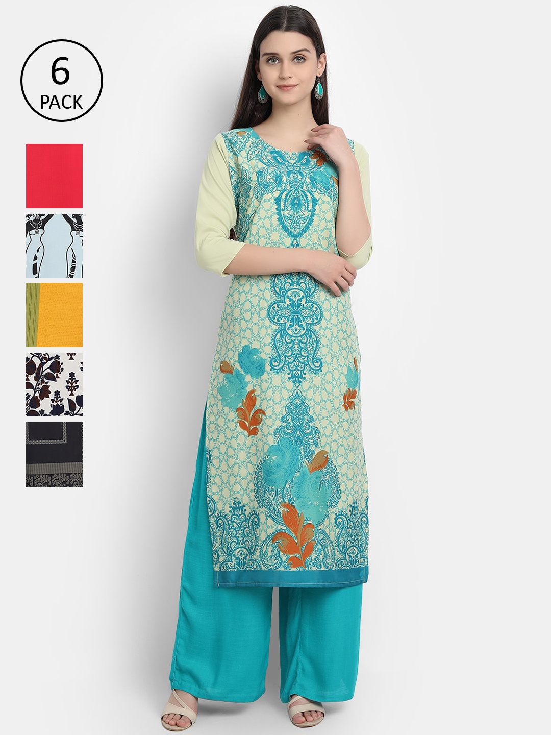 

7Threads Women Pack of 6 Floral Printed Crepe Kurta, Red
