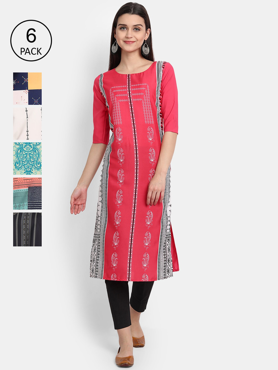 

7Threads Women Pack Of 6 Printed Crepe Kurta, Pink