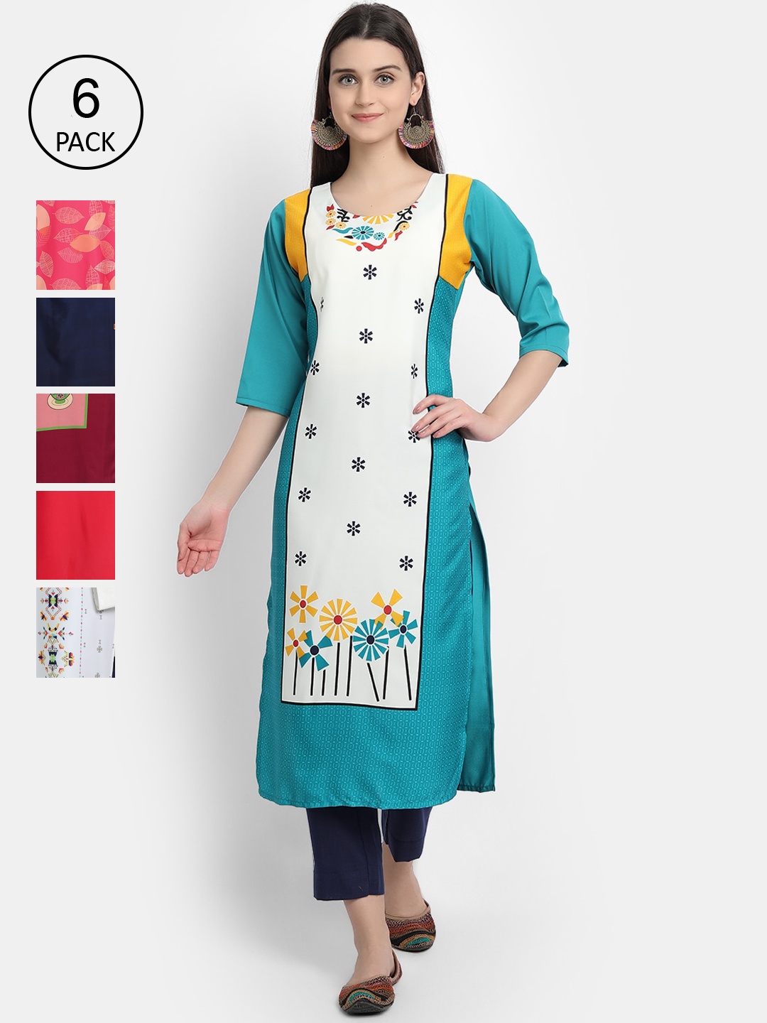 

7Threads Women Pack Of 6 Printed Crepe Kurtas, Off white