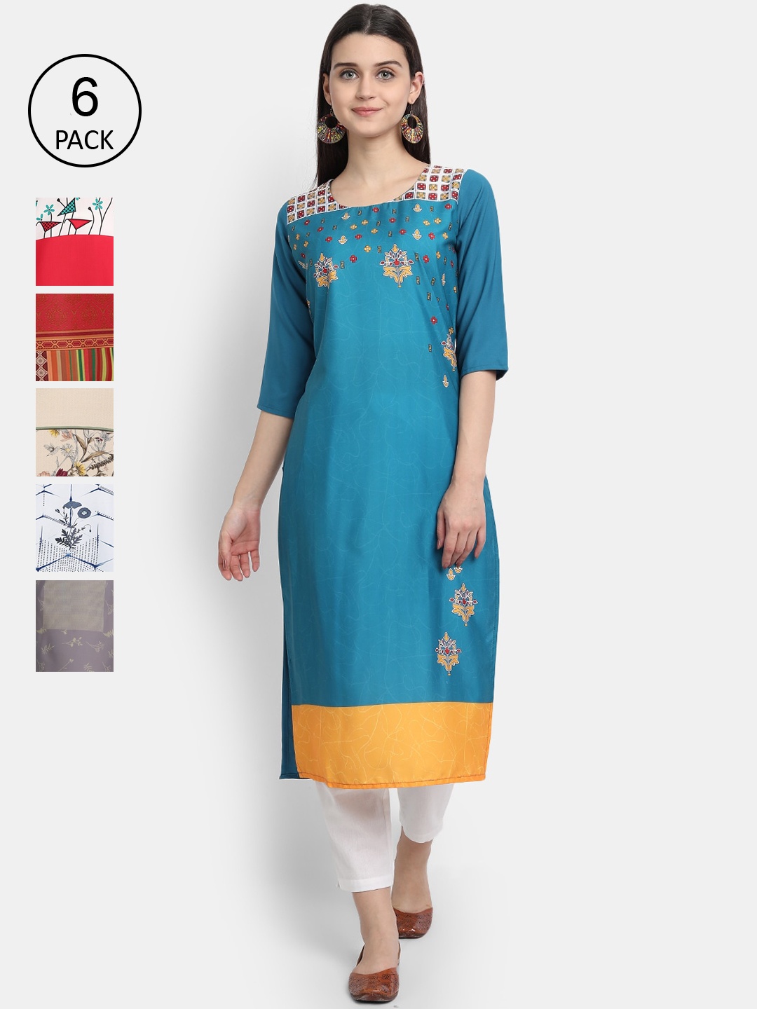 

7Threads Women Pack of 6 Floral Printed Crepe Kurta, Red