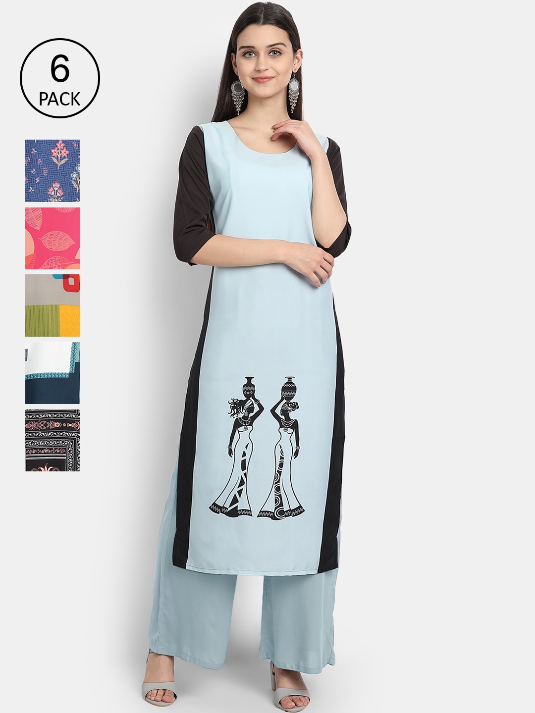 

7Threads Woman Pack of 6 Multicoloured Printed Crepe Kurta, Multi