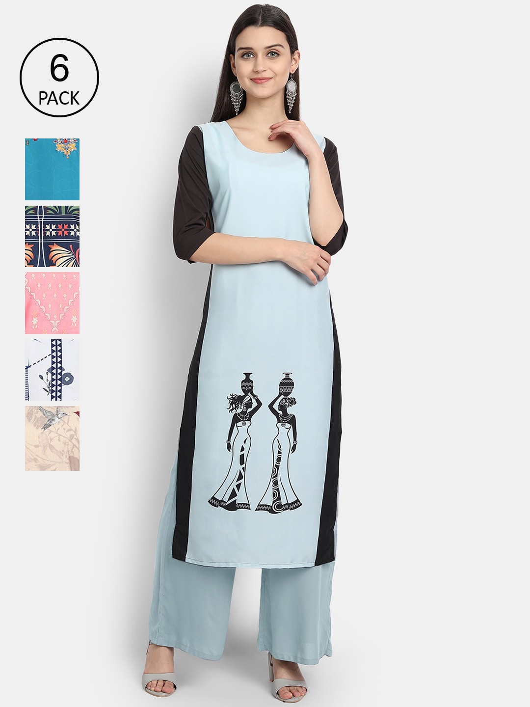 

7Threads Women Set of 6 Multi Printed Crepe Kurta