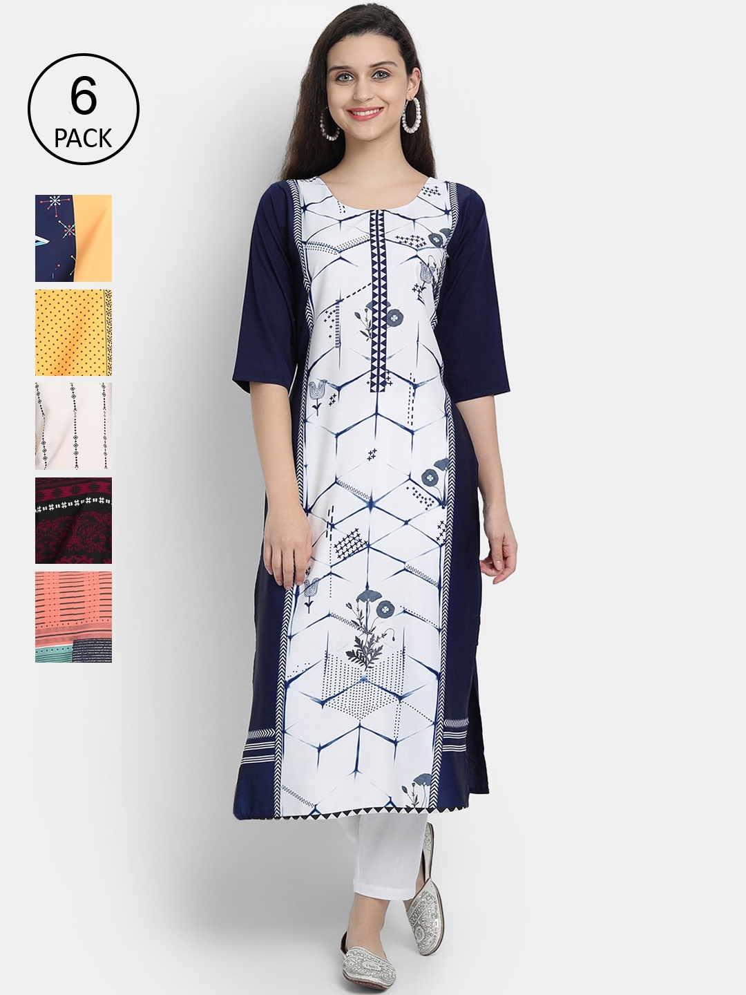 

7Threads Women Pack of 6 Printed Crepe Kurta, Multi
