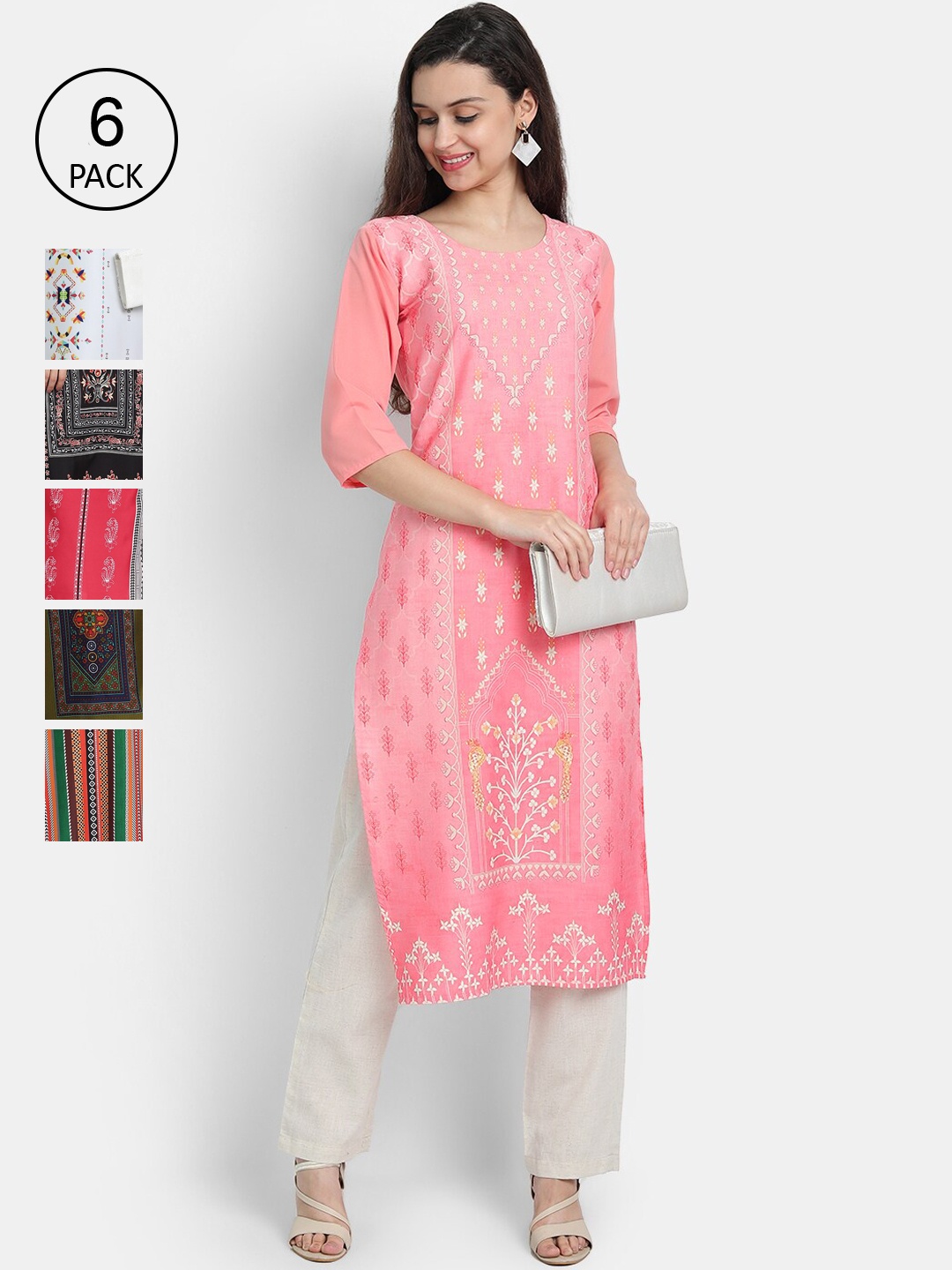 

7Threads Women Pack Of 6 Printed Straight Kurta, Multi