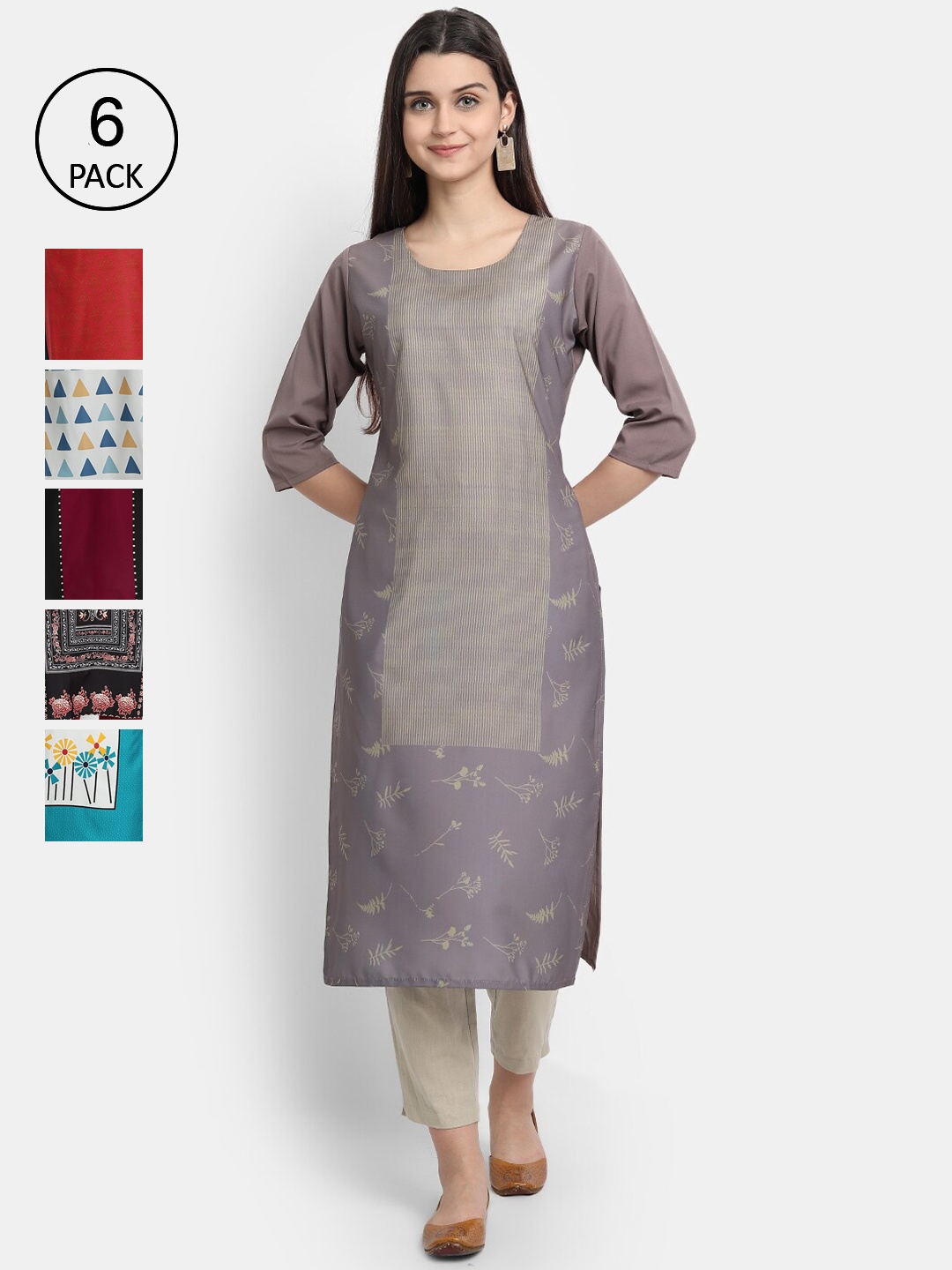 

7Threads Women Pack Of 6 Multicoloured Thread Work Crepe Kurta, Multi