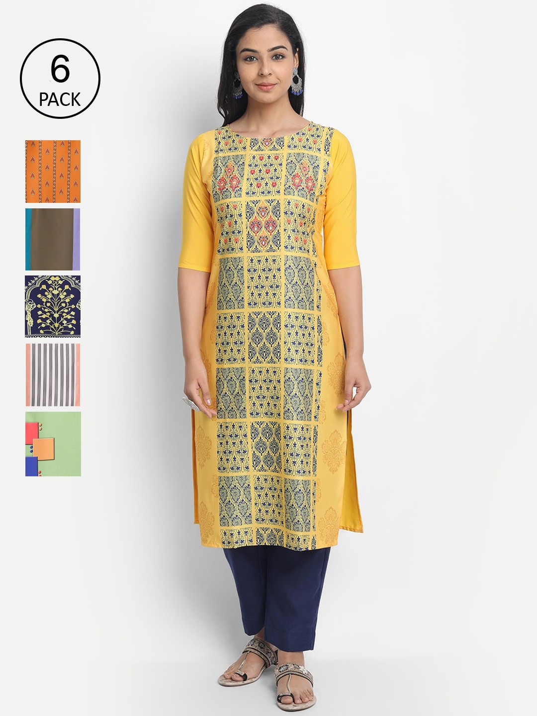 

7Threads Women Pack Of 6 Ethnic Motifs Printed Crepe Kurta, Yellow
