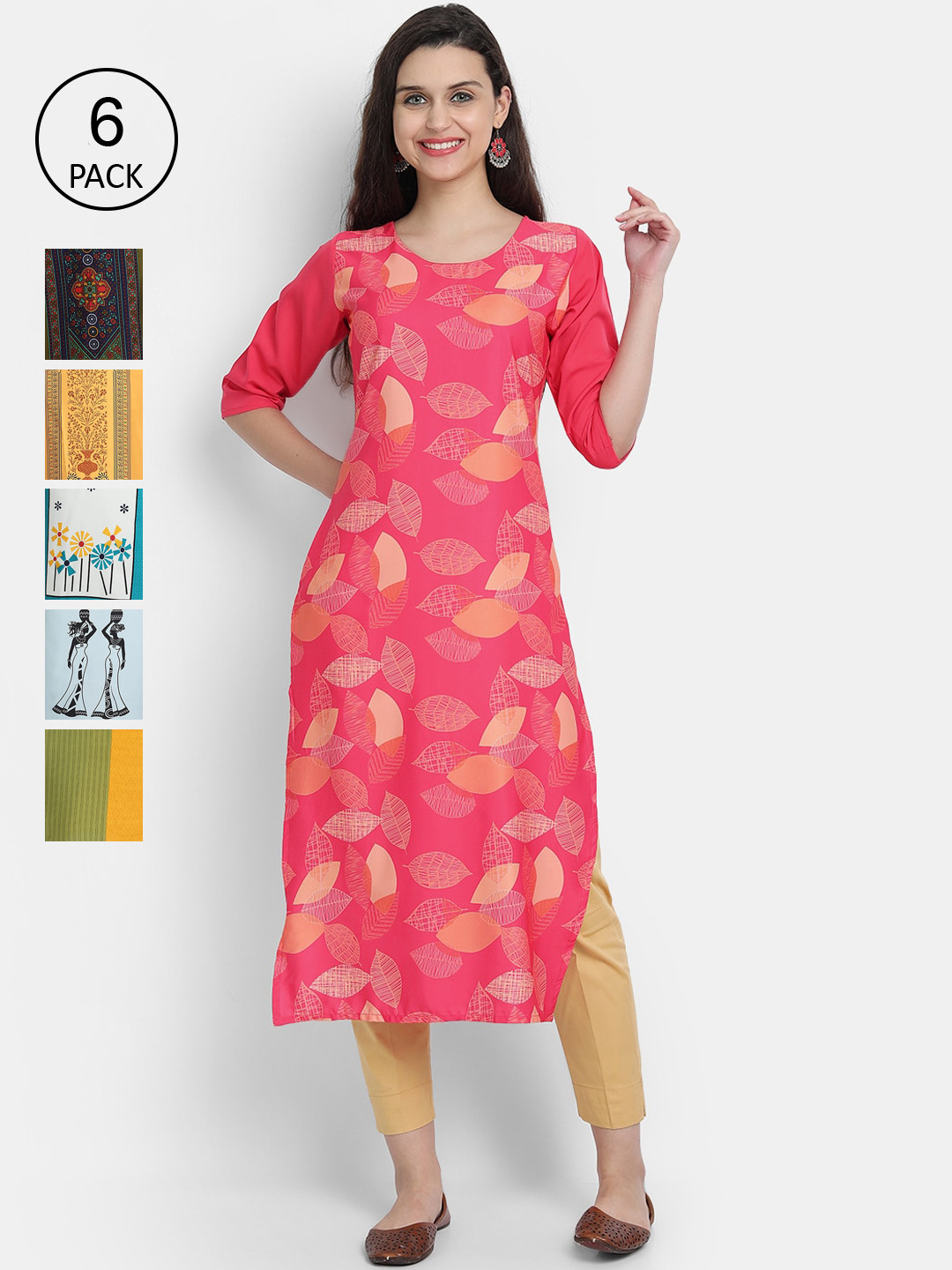 

7Threads Women Pack Of 6 Printed Crepe Kurtas, Pink