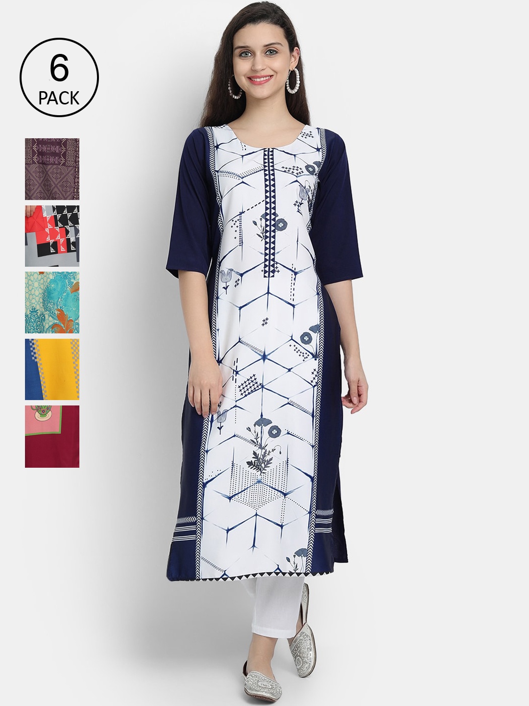 

7Threads Women Pack of 6 Multicoloured Printed Straight Crepe Kurtas, Multi