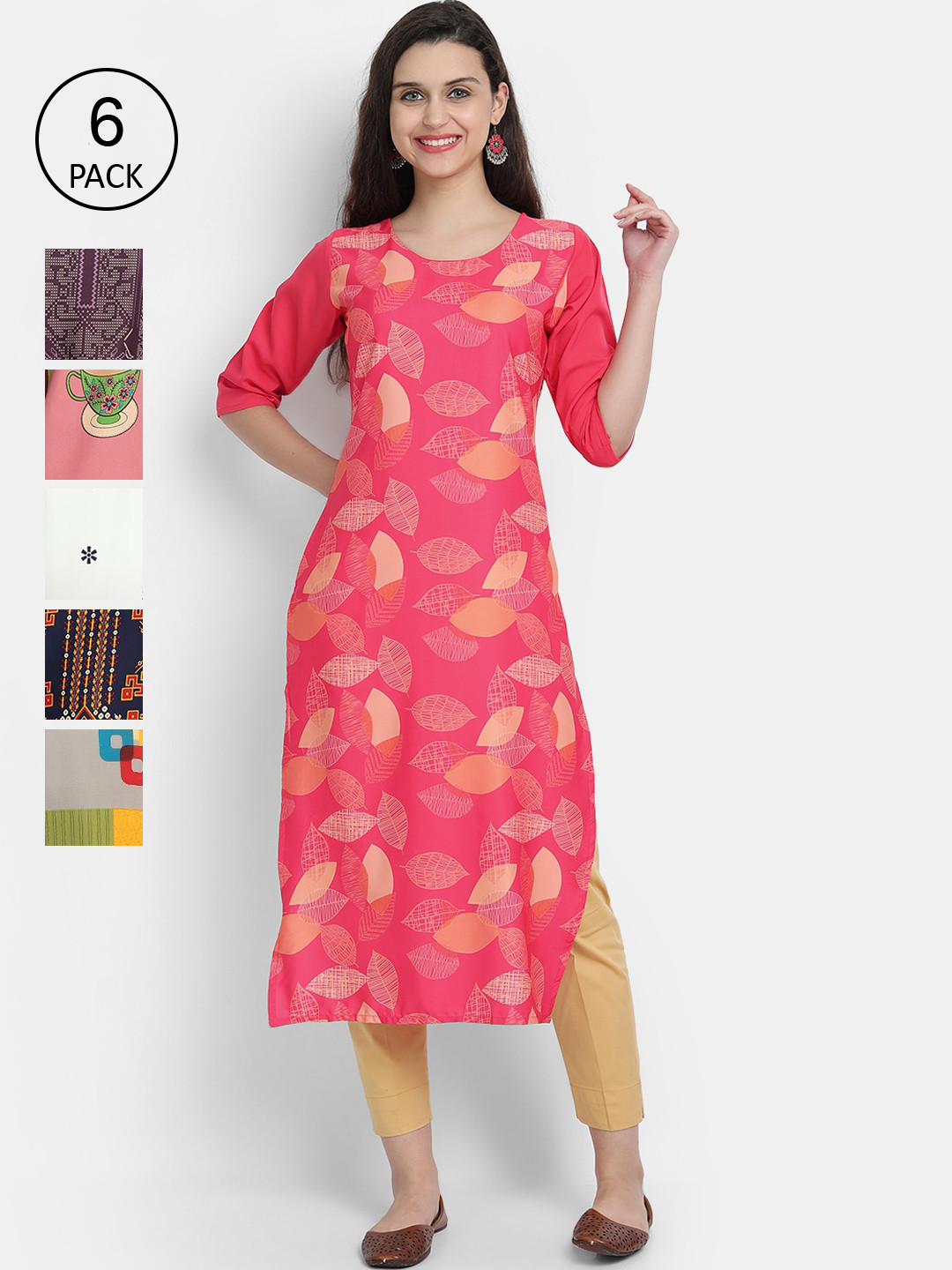 

7Threads Women Pack of 6 Ethnic Motifs Printed Crepe Kurta, Pink