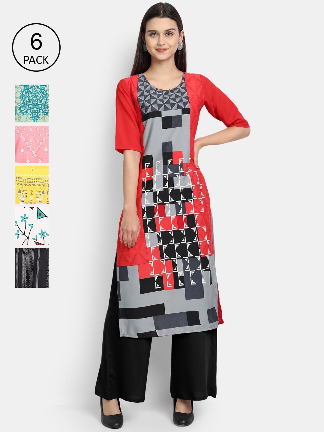 

7Threads Women Set of 6 Multi Floral Printed Crepe Kurta