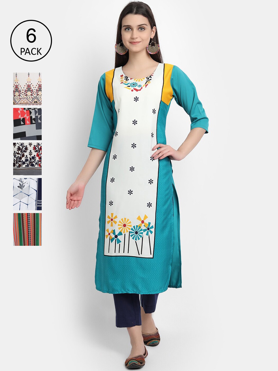 

7Threads Women Pack of 6 Multicoloured Printed Straight Crepe Kurtas, Multi