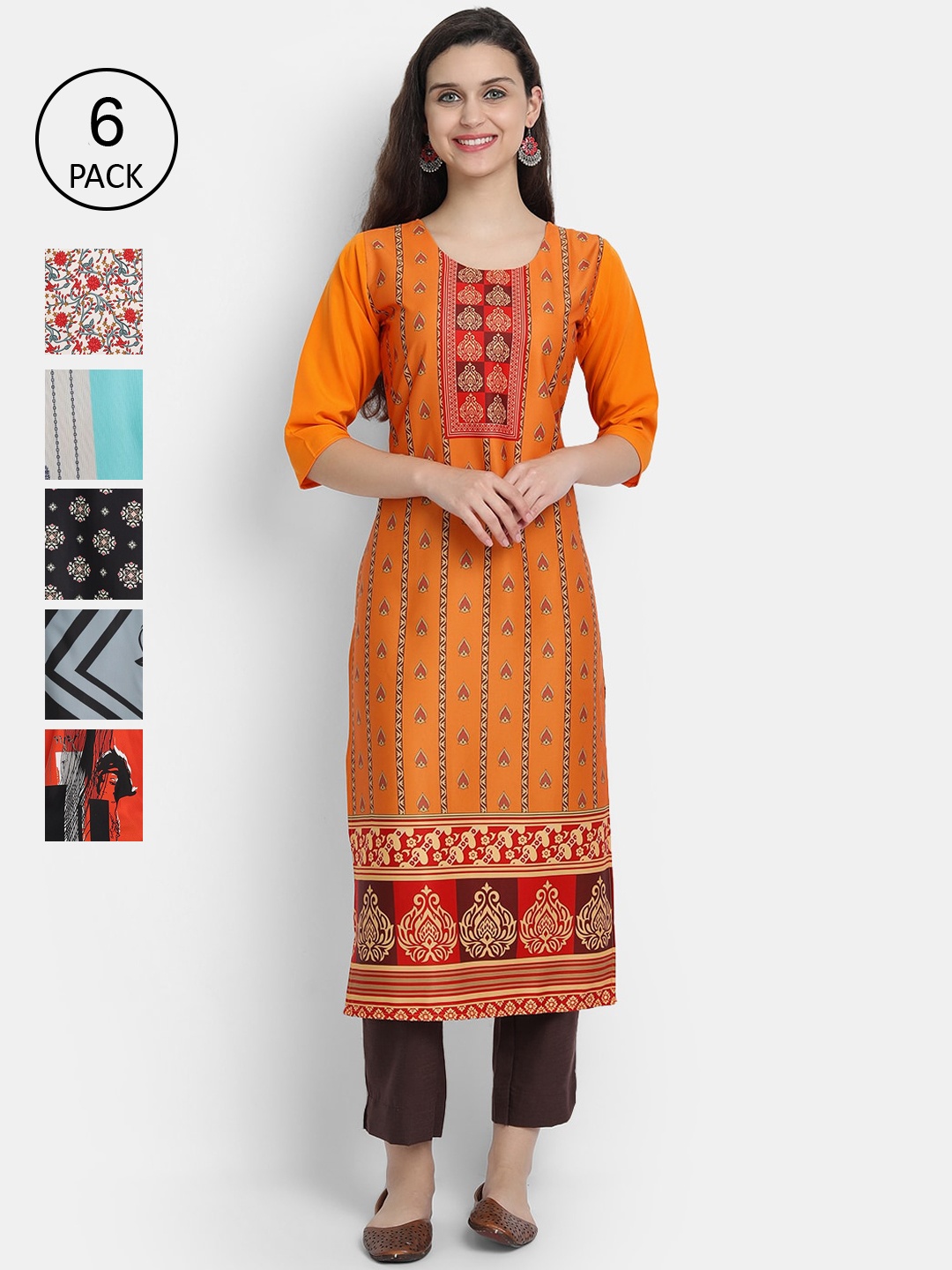 

7Threads Women Set of 6 Multi Printed Patchwork Crepe Kurtas